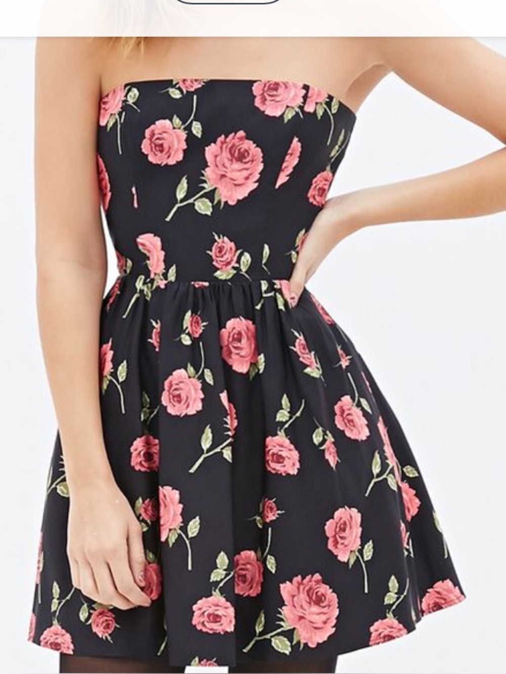 Cocktail dress, strapless, black with roses